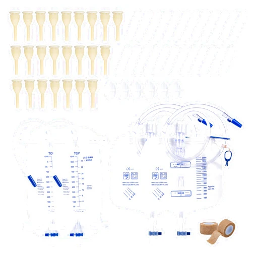 BeHerk External Condom Catheter for Men Kit, 24 Soft Latex, 6 Catheter Stabilization Devices, 2 x 1000mL Urinary Leg Bags, 2 x 2000mL Overnight Catheter Bag, 2 Roll Tapes Set for Incontinence Men Use (25mm)