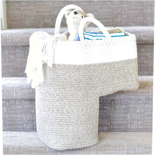 NEObirdie Stair Basket for Carpeted & Wooden Stairs - Cotton Rope Basket Staircase Handles - Storage Stair Steps For Laundry, Toys, Nursery Caddy - Cream & Brown 15.75
