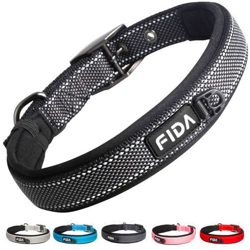 Fida Heavy Duty Dog Collar, Ultra Comfortable Soft Neoprene Padded, Adjustable Reflective Nylon Pet Collar with Durable Metal Belt Buckle for Medium Breeds (M, Black)