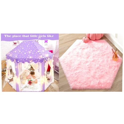 KIXINWA Purple Princess Tent with Large Star Lights and Pink Princess Rug
