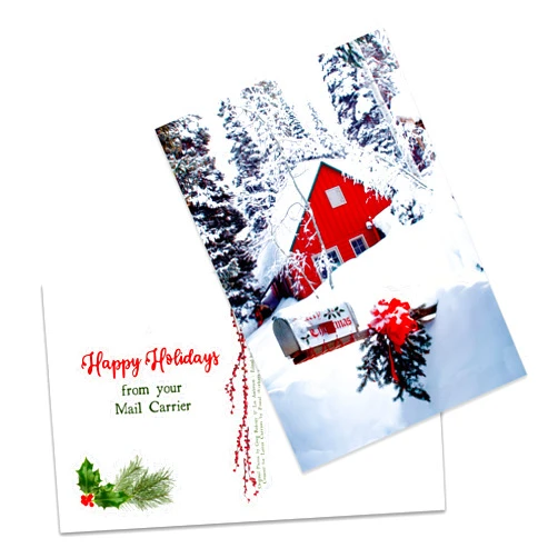 FoxFern Postal Cards for Mail Carriers ECONOMY - Holiday Greeting Postcards for Mail Carriers - Snowy Cabin & Mailbox Holiday Greeting - 3.5” x 5.5” - Pack of 50
