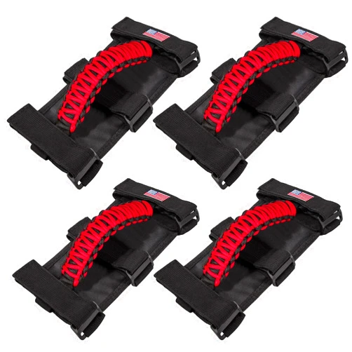 E-cowlboy 4 x Roll Bar Grab Handles Grip Handle for Jeep Wrangler JK JKU JL JLU TJ YJ Sport Sahara Freedom Rubicon Unlimited Gladiator JT 1955-2023 UTV ATV Premium Paracord Interior Accessories US Flag (Red)