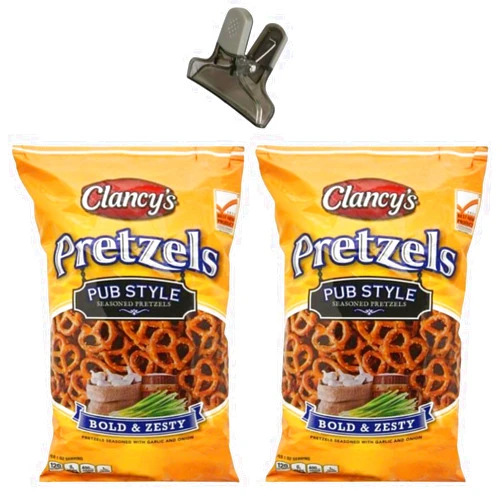 Generic Clancy's Pub Style Bold & Zesty Seasoned Pretzels Bundle, Includes Two (2) 12 oz Pub Style Seasoned Pretzels Bags and One Bag Clip (color may vary)