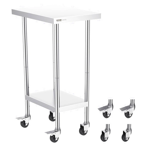 VEVOR Stainless Steel Work Table 24 x 18 x 38 Inch, with 4 Wheels, 3 Adjustable Height Levels, Heavy Duty Food Prep Worktable for Commercial Kitchen Restaurant, Silver