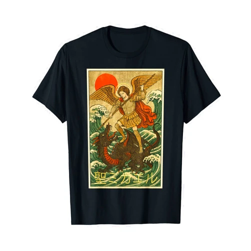 Happy Catholics St Michael Archangel Dragon Japanese Style Catholic Saint T-Shirt