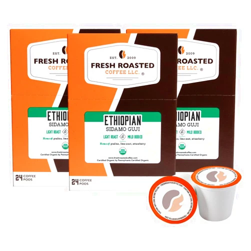 Fresh Roasted Coffee, Organic Ethiopian Sidamo Guji, Light Roast, 72 Pods for K Cup Brewers