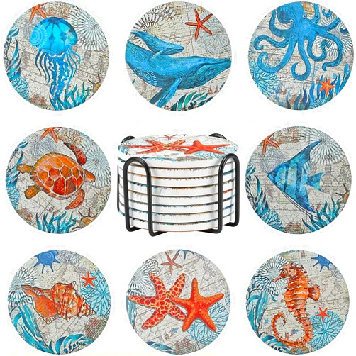 Iziusy 8 Pieces Stone Coasters with Holder for Drinks, Cork Base Ocean Beach Theme Tropical, for Housewarming, Apartment Kitchen Room Bar Decor, Funny Birthday, Wooden Table
