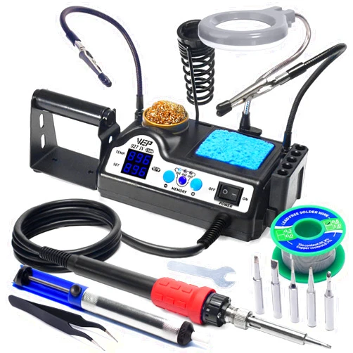 WEP 927-IV Soldering Station Kit High-Power 110W with 3 Preset Channels, Sleep Mode, LED Magnifier, 5 Extra Iron Tips, Tip Cleaner, 2 Helping Hands, Tip Storage Slots, Lead-free Solder Wire, Tweezers