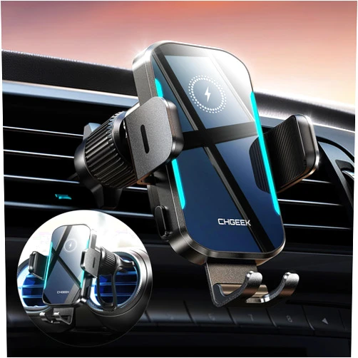 CHGeek Wireless Car Charger, 15W Fast Charging Car Phone Holder Charger Auto-Clamping Air Vent Phone Mount Car Charger with Blue LED Backlit for iPhone 16 15 14 13 12, Samsung S24 S23 S22, etc