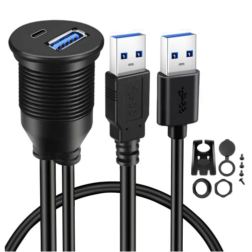 BATIGE USB 3.0 to Type C 3.0 Car Mount Flush Cable Dual Port Male to Female Extension Waterproof Cable for Car Truck Boat Motorcycle Dashboard Panel - 3ft