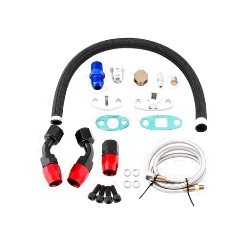 Zalimun Turbo Oil Feed Line Oil Drain Return Line Complete Kit for T3 T4 T3/T4 T70 T66 Silver Tubing&Red/Blue Connectors Kit Universal