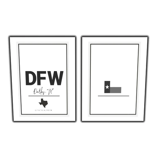 WESTBROOK DESIGN STUDIO Dallas Fort Worth TX Abbreviation Wall Art Print - Set of 2-8x10-Texas State Map Silhouette, Lone Star Flag & Coordinates Decor Prints. Neutral Shades of Black, White and Gray. DFW