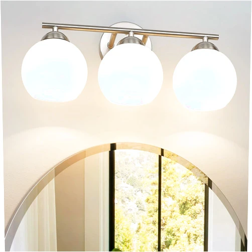 Emak Brushed Nickel Vanity Lights, 3-Light Bathroom Light Fixtures, Globe Vanity Light with Milk Glass Shade, VL114-BN-ML-3