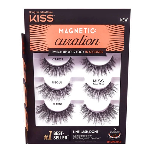 KISS Magnetic Curation False Eyelashes, 3 Pair with 5 Double Strength Magnets, Wind Resistant, Dermatologist Tested, Last Up To 16 Hours, Reusable Up To 15 Times in 3 Styles, Black, 3 Count