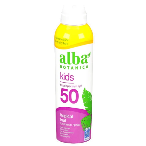 Alba Botanica Kids Sunscreen Spray for Face and Body, Tropical Fruit, Broad Spectrum SPF 50, Water Resistant, 5 fl. oz. Bottle