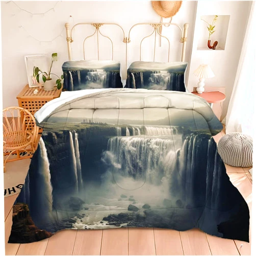 Motorax Big Powerful Niagara Waterfalls Flowing Fastly Dreamy Wild Space Photo, Decorative 3 Piece Bedding Set with 2 Pillow Shams, Full Size