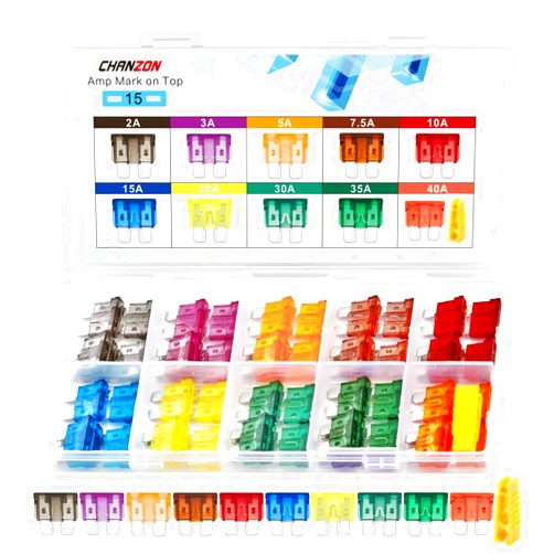 Chanzon UL Listed Standard Blade Fuse Assortment Kit ATC ATO APR 10 Values 5 Each:2A,3A,5A,7.5A,10A,15A, 20A, 30 Amp,35A,40A Spare Auto Fuses Set Assorted 32V 12V Car Truck RV Automotive Motor 50 Pack