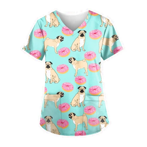 EKIYVO Cute Dog Scrub Tops for Women Plus Size Soft Stretchy Fun Cartoon Pediatric Nurse Shirts Work Tops with Pockets