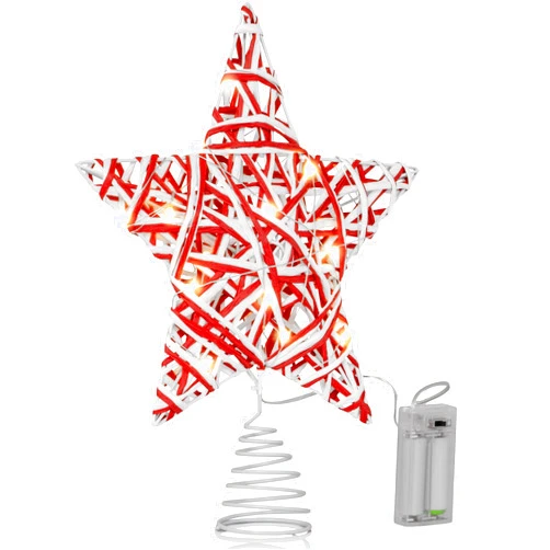 Ornativity Christmas Star Rattan Tree Topper – Red and White Xmas Holiday Decor Rustic LED Lights Light Up Tree Top Topper Ornament Decoration 12