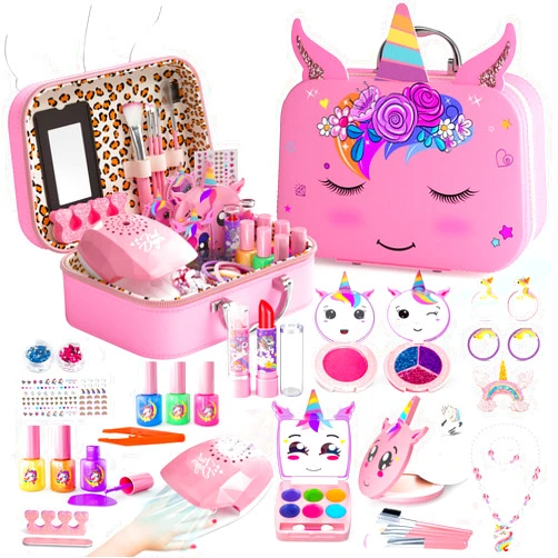 Mqsiuve Kids Makeup Kit for Girl - 2 In 1 Kids Washable Makeup Toys & Nail Art Kit with Unicorn Cosmetic Case, Kids Play makeup for Girls, Real Girl Makeup Sets for Christmas Birthday Gifts Toys for 3-12 Year