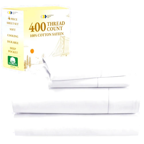 California Design Den King Size Sheets Set, Good Housekeeping Award Winner, 400 Thread Count 100% Cotton Sateen Deep Pocket King Sheet Set, 4-Pc King Sheets, Softer than Egyptian Cotton Sheets (White)