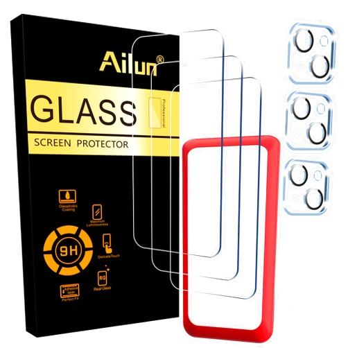 Ailun 3 Pack Screen Protector for iPhone 15 [6.1 inch] + 3 Pack Camera Lens Protector with Installation Frame,Case Friendly Tempered Glass Film,[9H Hardness] - HD [6 Pack]