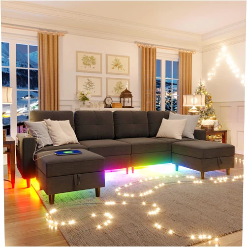 HNEBC Sectional Sofa with Charging Station, Sectional Couches with LED Lights for Living Room, U/L shaped Couch with Storage Ottoman, 6 Seats Convertible Sofa with Music Sync (Dark Grey)