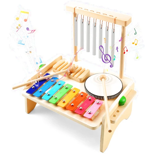 BCY hohipi Kids Drum Set,Baby Musical Instrument for Toddler,Wooden Xylophone for Toddlers with Baby Drum Set and Wind Chime,Montessori Musical Instruments Toys for Kids,Musical Toys for Toddlers Birthday Gift