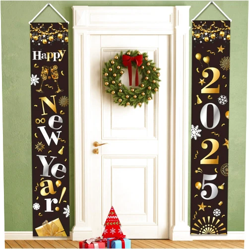 GOER 72 Inch by 13 Inch New Year Banner for Front Door,Hanging Banner for 2025 New Year Eve Party Decorations(Black)