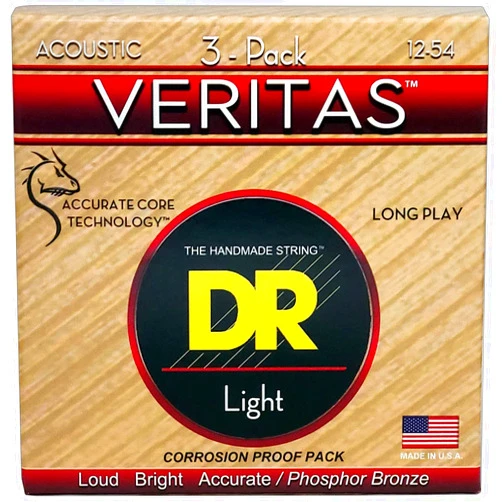 DR Strings Veritas Coated Core Technology Acoustic Guitar Strings, Light 12-54, 3-Pack (VTA-12-3PK)