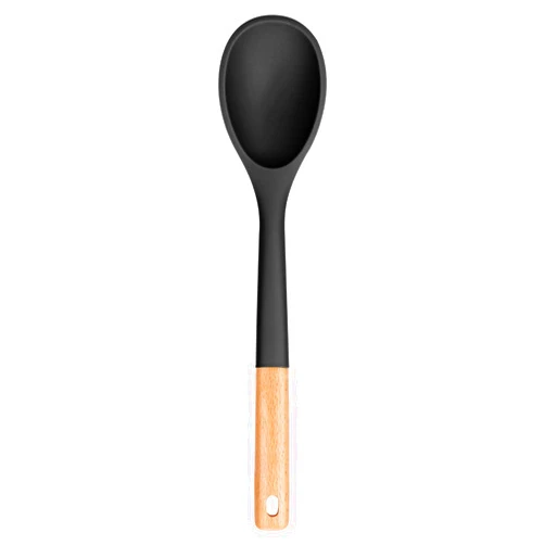 Badiano Large Silicone Cooking Spoons, Nonstick Solid Wooden Handle Spoon, Heat Resistan Silicone Kitchen Spoons for Cooking, Serving, Basting, Mixing, 13.2inch (Black)