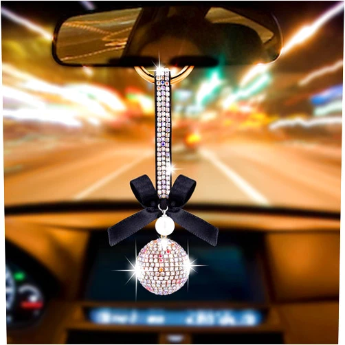 OIIKI Bling Car Accessories, Crystal Rhinestone Diamond Ball Accessories Charm, Car Interior Rear View Mirror Decor, Lucky Hanging Interior Ornament Pendant, for Women Girl