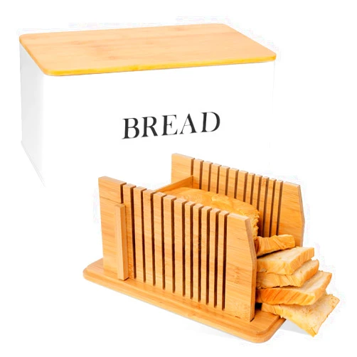 Candco Bread Box with Bamboo Bread Slicer, Metal Bread Storage with Cutting Board Lid, White Bread Container, Bread Holder for Kitchen Counter, Foldable Cutting Guide for Homemade Bread