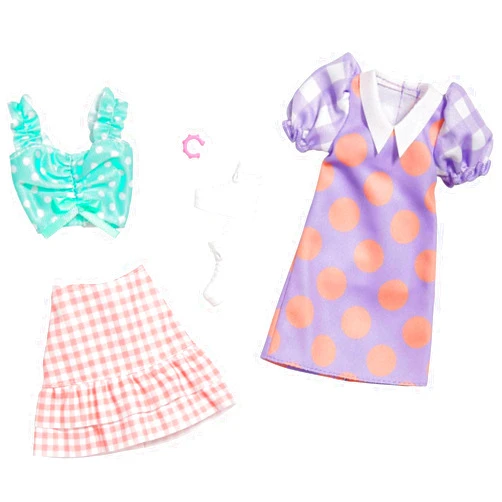 Barbie Fashions 2-Pack Clothing Set, 2 Outfits Doll Include Polka Dot Blouse & Gingham Skirt, Polka Dot Dress & 2 Accessories