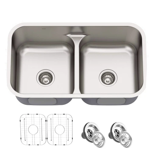 KRAUS Premier 32-inch Undermount 50/50 Double Bowl Low Divider 18-Gauge Stainless Steel Kitchen Sink with Strainers (x2), KBU32