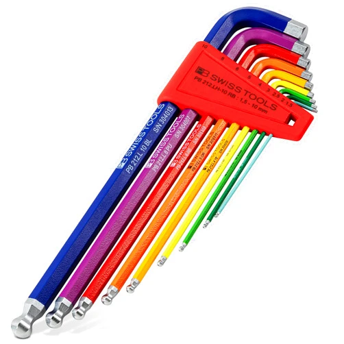 PB SWISS TOOLS - RainBow key L-Wrenches, Long, with Ball Point for Hexagon Socket Screws, Model #212.LH-10 RB CN, Set in a Practical Plastic Holder, Hex Key Tools