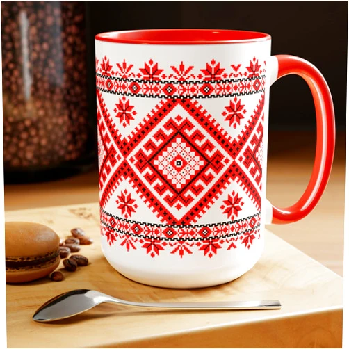 Deeper Conscious Slavic Design Traditional Accent Mug Orthodox Gift Ukrainian Embroidery Decoration - Red 15oz 15oz / Red