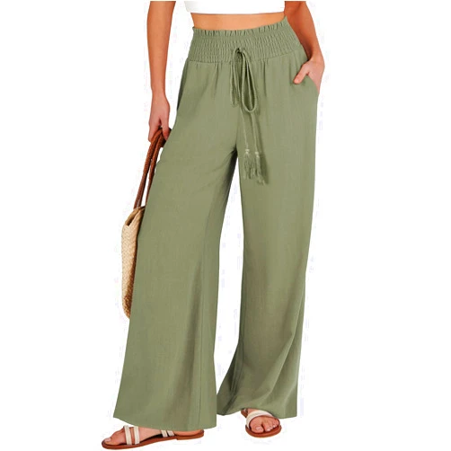 ANRABESS Women's Linen Palazzo Pants Summer Casual Vacation High Waist Wide Leg Trousers Trendy Lounge Pant with Pockets