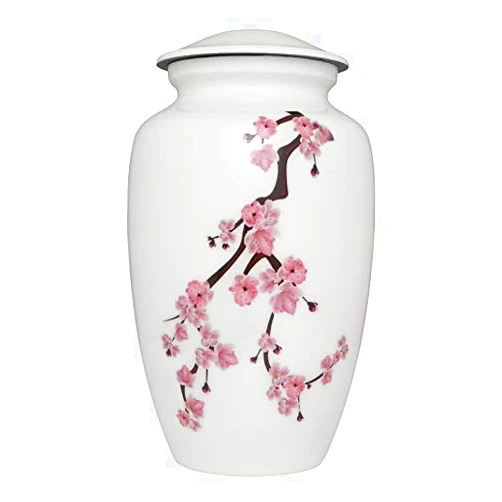 Liliane Memorials Pink Cherry Blossom Flowers Cremation Urn - White Funeral Urn for Human Ashes - Hand Made in Aluminum - Suitable for Cemetery Burial or Niche - Large Size fits Remains of Adults