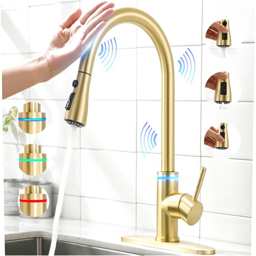 VIDEC Smart Kitchen Faucet, 3 Modes Pull Down Sprayer, Smart Touch On Sensor Activated, LED Temperature Control, 360-Degree Rotation, 1 or 3 Hole Deck Plate. (KW-70J, Brushed Gold)