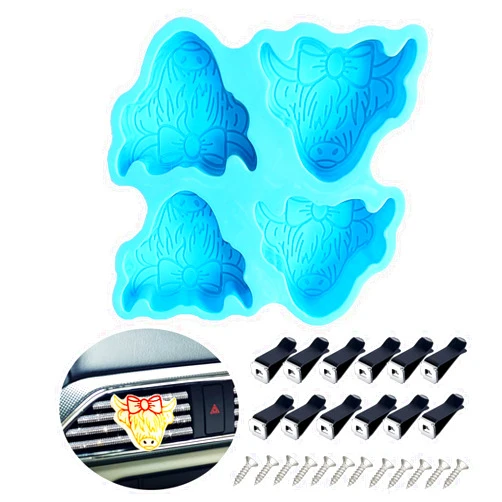 HWSFYES Silicone Molds for Freshies, Highland Cow Car Freshie Mold Car Freshies Supplies Molds Silicone Oven Safe Making Kit with 12PCS Car Vent Clips for Freshies Resin Soap Candles