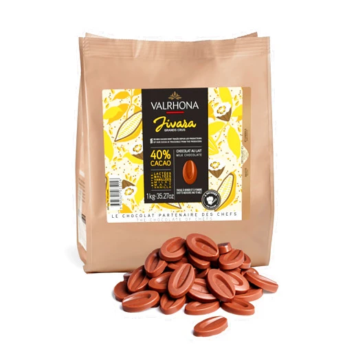 Valrhona Premium French Baking Creamy Milk Chocolate Discs (Feves). JIVARA 40% Cacao. Easy Melt and Tempering. Hints of Vanilla and Malt. For Cookies, Mousses, Frostings and Candies 1kg (Pack of 1)