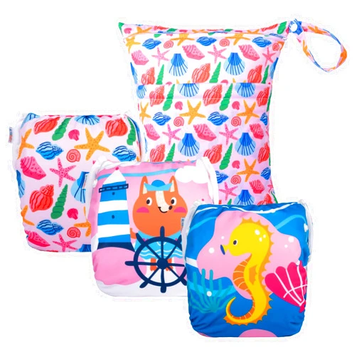 ALVABABY 3pcs Baby Swim Diapers with 1pcs Wet Bag Reuseable Washable & Adjustable for Swimming Lesson & Baby Boy and Girl 3YKL07