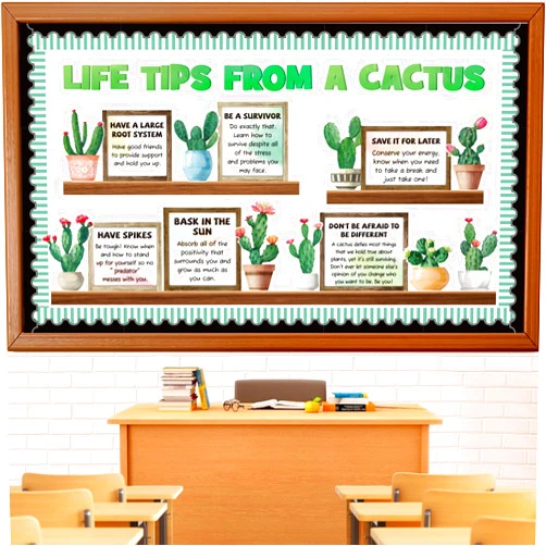 Huzobooby Cactus Bulletin Board Decorations Set, Motivational Greenery Succulent Classroom Decoration Educational Poster Cutouts Library Back to School Wall Door Decor for Teacher(Life Tips From a Cactus)