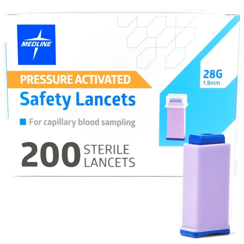 Medline Sterile Safety Lancets, Pressure Activation, Blood Glucose Testing, Controlled Penetration, 28G X 1.8 Mm, 200 Count