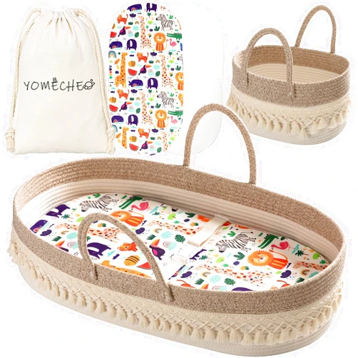 YOMECHEO Baby Changing Basket, BOHO Moses Baskets for Newborn, Baby Basket for Baby Dresser, Diaper Changing Basket for Baby with Diaper Caddy, Cartoon Changing Pad, Waterproof Sponge Cushion, Storage Bag