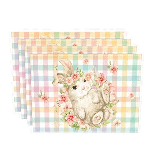 Artoid Mode Colorful Buffalo Plaid Bunny Rabbits Easter Placemats Set of 4, 12x18 Inch Seasonal Spring Table Mats for Party Kitchen Dining Decoration