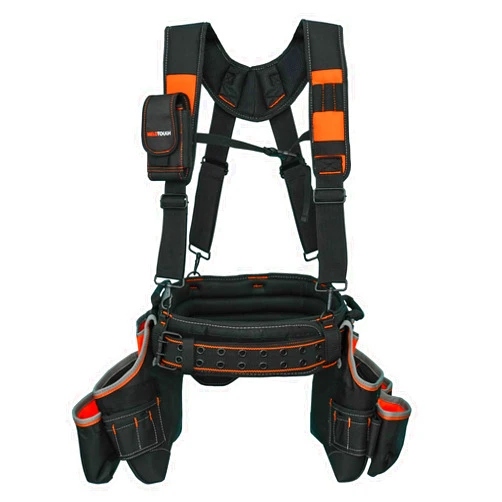 MELOTOUGH Carpenter's Rig (Orange, Large) - Heavy Duty Tool Belt with 26 Pockets, Suspenders & Multi Function for Construction, Roofing, Electrician
