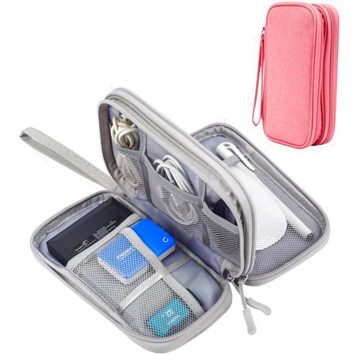 sansheng Electronics Accessories Organizer Pouch Bag, 2 Pack Travel Universal Organizer for Cable, Charger, Phone, SD Card, Business Travel Gadget Bag with Zipper(Grey & Pink)