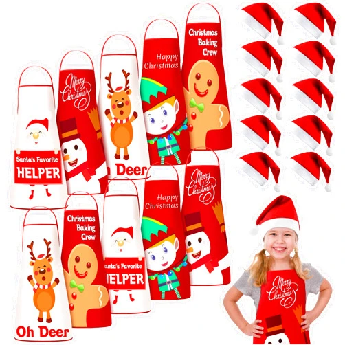 Hercicy 20 Pcs Kids Christmas Apron and Hat Set 10 Adjustable Children Christmas Chef Apron with Snowman Deer Gingerbread 10 Kids Santa Hat for Girl Boy Kitchen Cooking Baking Crafting Painting Party